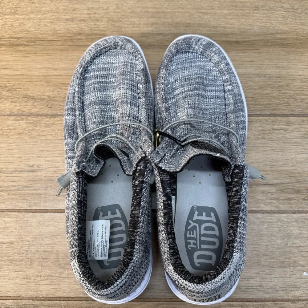 HEY DUDE SIZE 14 M GRANITE WHITE GRAY WALLY STRETCH MIX LIGHTWEIGHT LOAFERS NEW